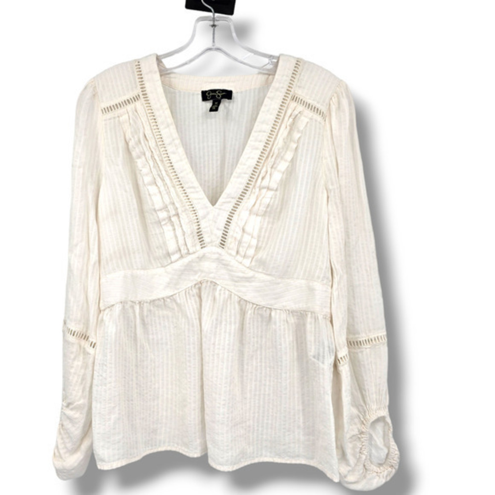 Jessica Simpson Women's Chic V Neck Perforated Detail Long Sleeve Blouse Medium‎